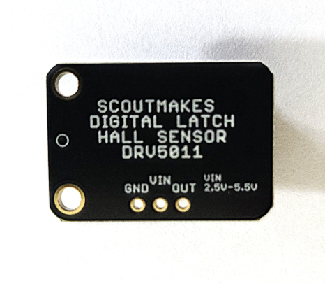 ScoutMakes DRV5011 Digital Latch Hall Sensor breakout, back view with pinout labels